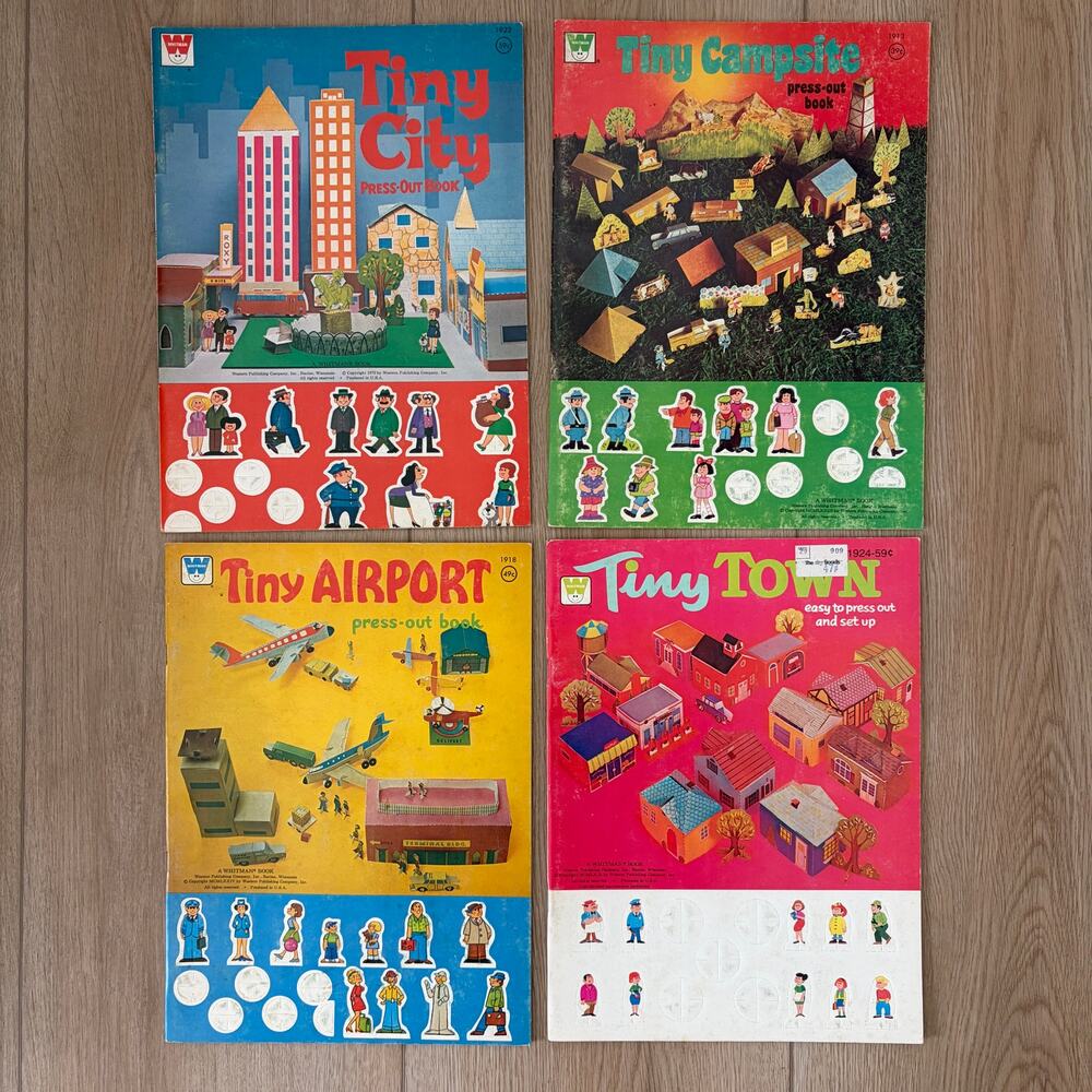Whitman Tiny Press-Out LOT 4 Books, Vintage 1976 Campsite, Town, Airport, City